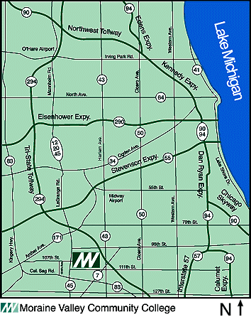 Map to Moraine Valley Comminity College in Palos Hills