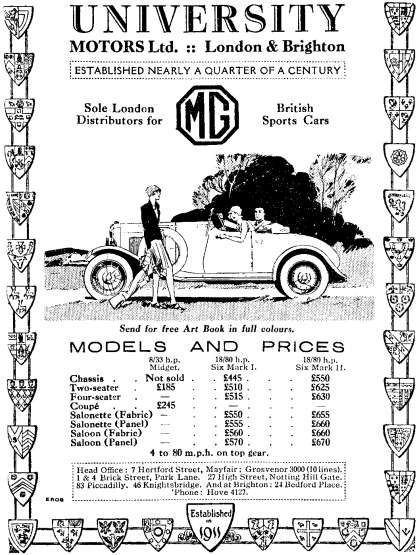 University Motors Ltd, Sole London Distributor for MG