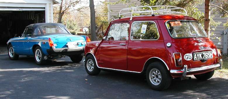 blue MGB and red Mini Cooper